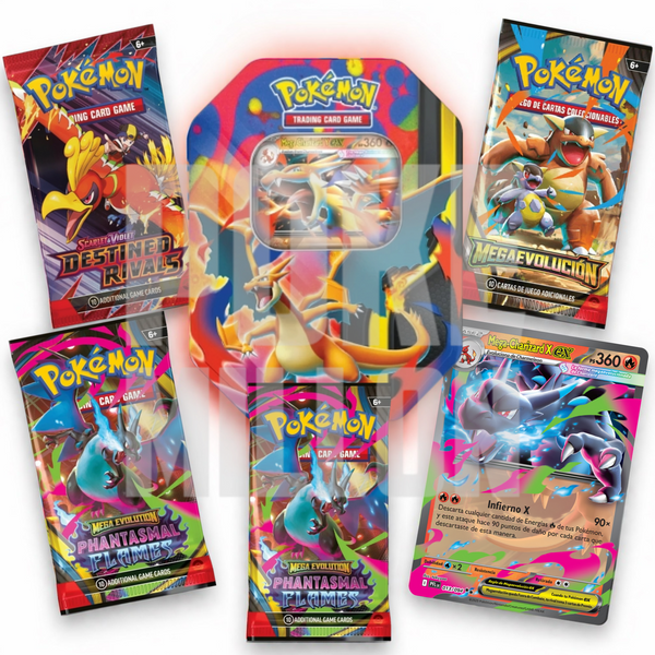 Lata coleccionable Mega Charizard Y ex con cuatro sobres de expansión Pokémon y carta holográfica promocional en español.