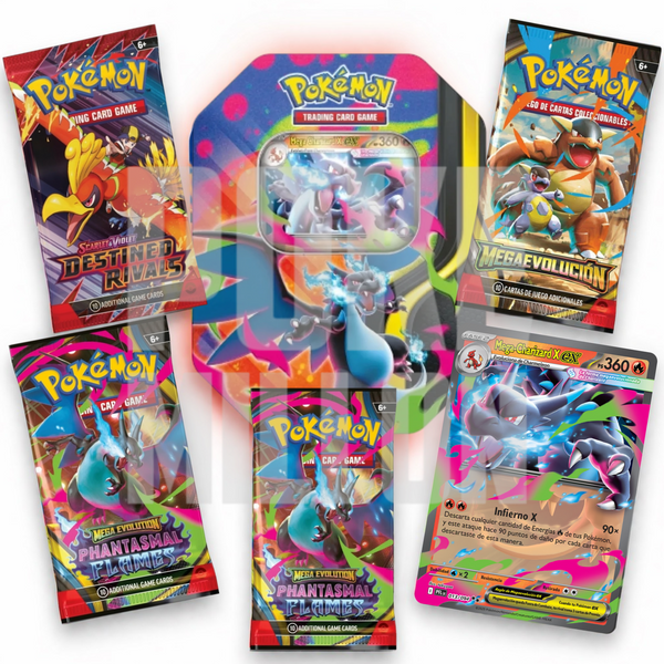 Lata coleccionable Mega Charizard X ex con sobres de expansión y carta holográfica promocional de Pokémon TCG.