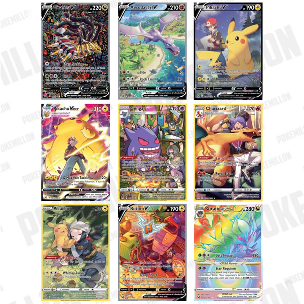 Colección de cartas Pokémon V, VMAX y V-ASTRO con ilustraciones coloridas y detalladas de Giratina, Pikachu y Charizard.