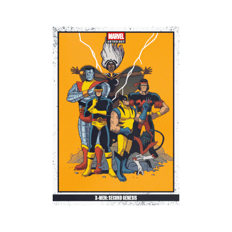 Carta coleccionable Marvel Anthology con ilustración estilo cómic de los X-Men sobre fondo naranja y marco texturizado.
