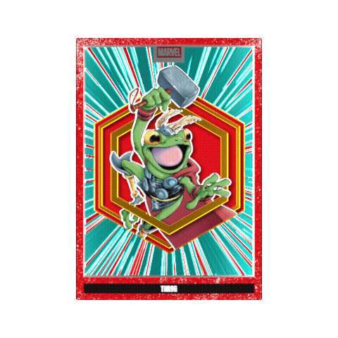 Carta coleccionable Panini Marvel Anthology de Throg con armadura, martillo y fondo geométrico rojo y cian brillante.