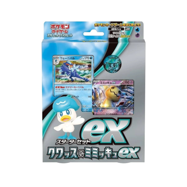Mazo de cartas Pokémon ex Starter Set con Quaxly y Mimikyu en caja plateada con ventana transparente y detalles en azul.
