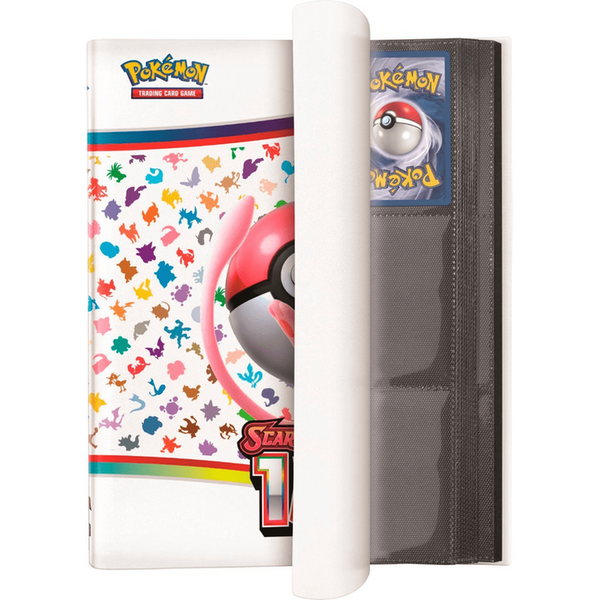 Álbum Pokémon 151 de diseño blanco con siluetas coloridas, incluye fundas transparentes para 360 cartas coleccionables.