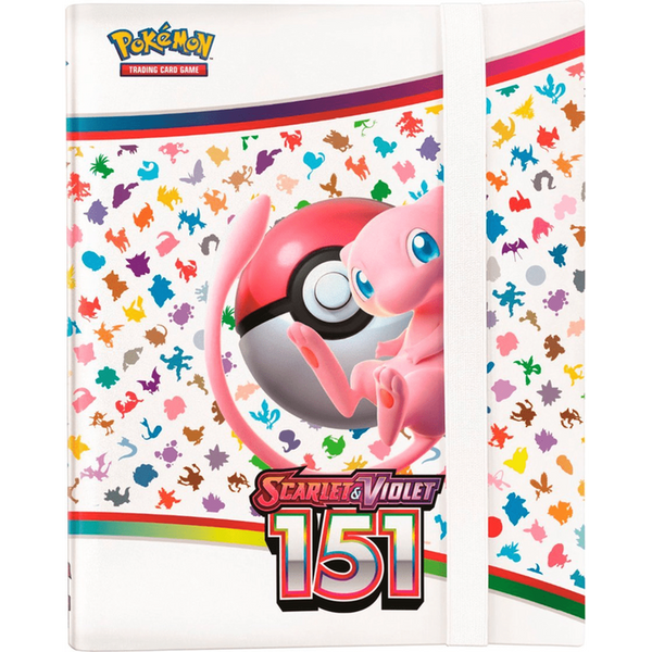 Álbum Pokémon 151 de tapa blanca con diseño de Mew, una Poké Ball y siluetas coloridas de Pokémon, incluye banda elástica.