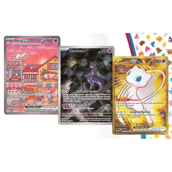 Cartas coleccionables Pokémon 151: Mew ex ilustrada, Mewtwo y Mew ex dorada brillante sobre fondo blanco.