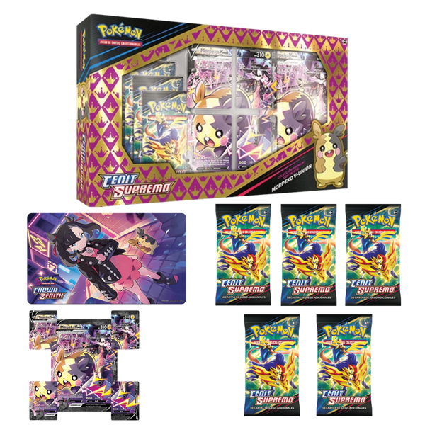 Caja Morpeko V-Union Cenit Supremo con tapete ilustrado, cartas promocionales, carta gigante y cinco sobres de mejora.