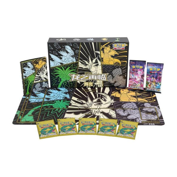 Set de colección Ultra Necrozma con caja negra, tapete de juego, álbum, sobres temáticos y cartas en tonos neón.