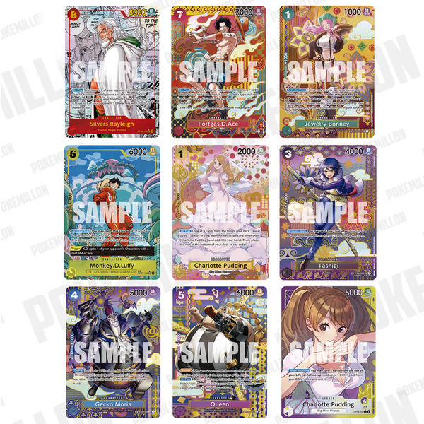Caja de 24 sobres One Piece OP08 Two Legends con cartas coleccionables de personajes icónicos y diseños coloridos.