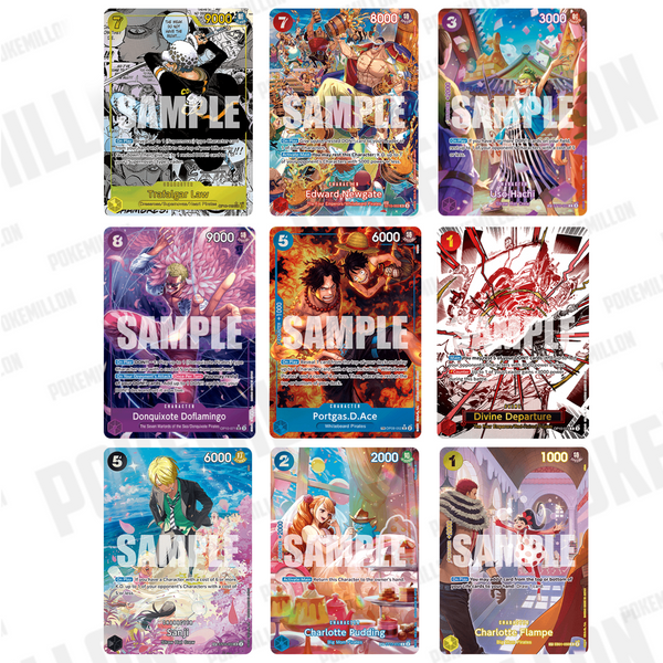 Colección de nueve cartas coleccionables One Piece OP10 Royal Blood con ilustraciones a todo color y detalles de juego.