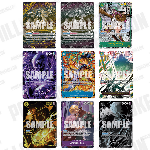 Colección de cartas One Piece OP-12 Legacy of the Master con diseños coloridos de personajes como Sabo, Sanji y Marshall D. Teach.