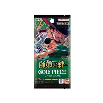 Sobre de cartas One Piece OP-12 Legacy of the Master con ilustración de Roronoa Zoro en fondo verde y detalles de Bandai.
