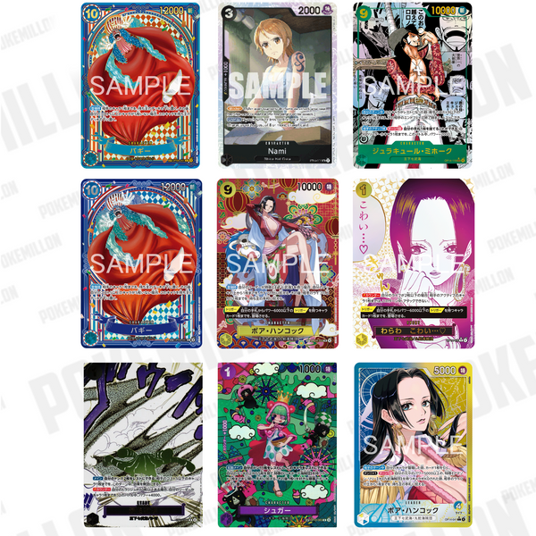 Colección de cartas One Piece OP-14 The Azure Sea's Seven con diseños coloridos, personajes icónicos y detalles brillantes.