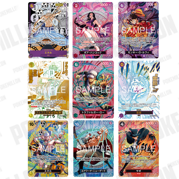 Set de 8 cartas coleccionables One Piece OP15 con diseños vibrantes, ilustraciones detalladas de personajes y bordes decorativos.