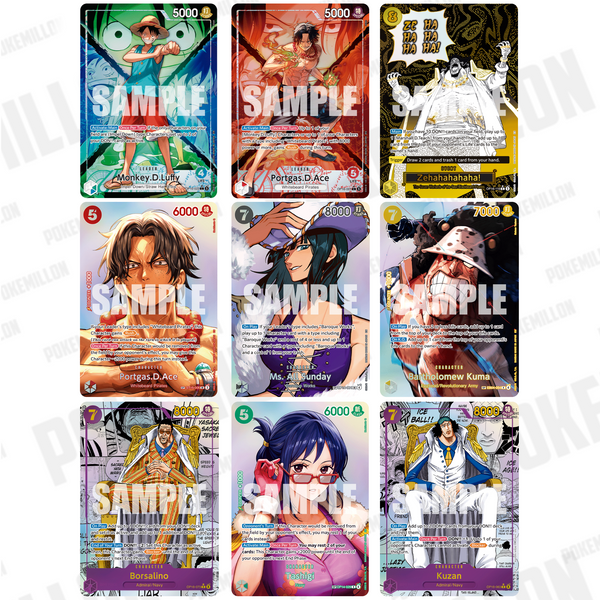 Colección de nueve cartas coleccionables One Piece OP16 con ilustraciones coloridas de personajes icónicos y texto detallado.