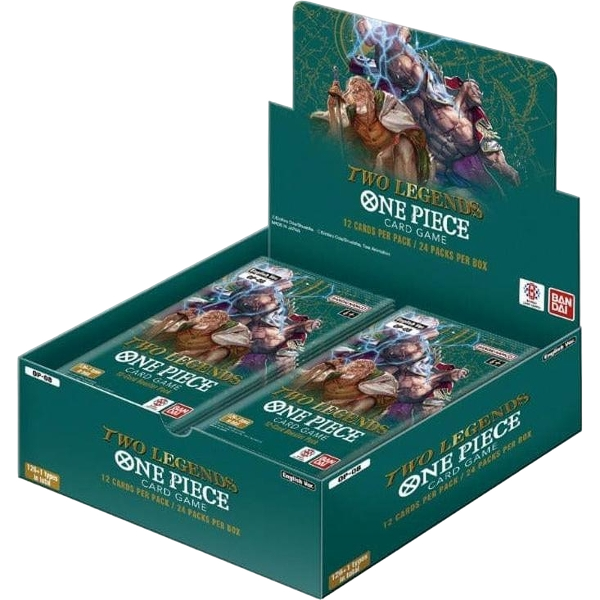 Caja expositora verde de 24 sobres One Piece TCG OP08 Two Legends con ilustraciones de Gol D. Roger y Barbablanca.