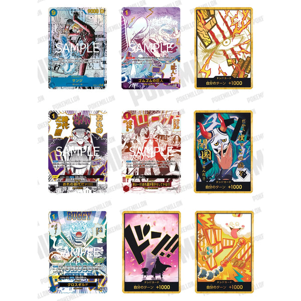 Colección de nueve cartas coleccionables One Piece PRB-02 con ilustraciones estilo manga, bordes dorados y diseño japonés.
