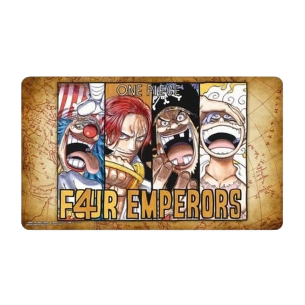 Playmat de One Piece 60x35 cm con diseño de los Cuatro Emperadores sobre fondo de mapa antiguo y acabado de alta calidad.