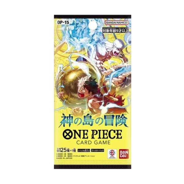 Sobre de cartas One Piece OP15 Adventure on KAMI’s Island con diseño amarillo y arte de Luffy y Enel en acción.