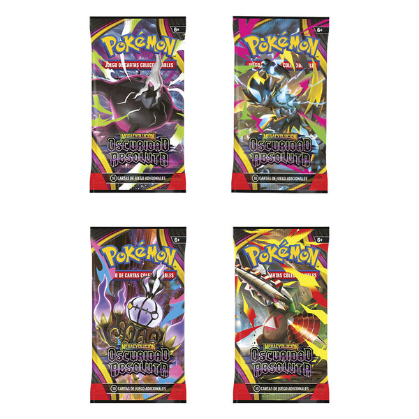 Cuatro sobres de Pokémon TCG Oscuridad Absoluta con ilustraciones coloridas de Mega Evoluciones y detalles en tonos oscuros.