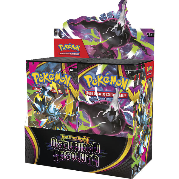 Caja de 36 sobres Pokémon Oscuridad Absoluta con diseño de Mega-Darkrai y Mega-Zeraora en tonos negros, fucsia y amarillos.