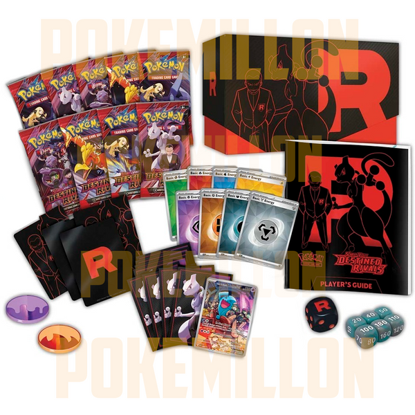 Caja de entrenador élite Destined Rivals con sobres, fundas negras, guía del jugador, contadores de daño y carta promocional.