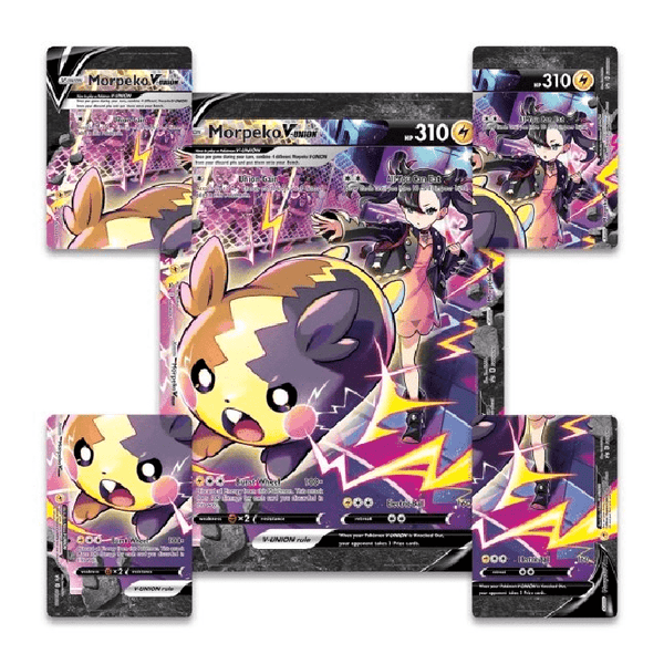 Caja Morpeko V-Union con cuatro cartas coleccionables y una carta jumbo central con diseño eléctrico y colorido.