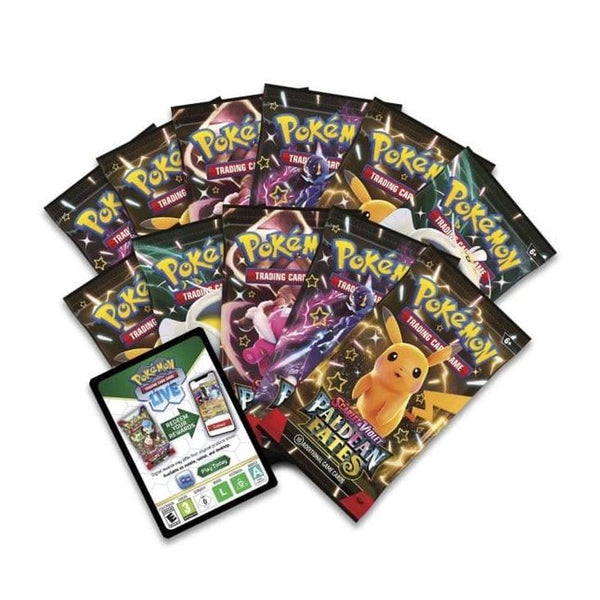 Nueve sobres de cartas Pokémon Escarlata y Púrpura Destinos de Paldea con arte de Pikachu y una tarjeta de código digital.