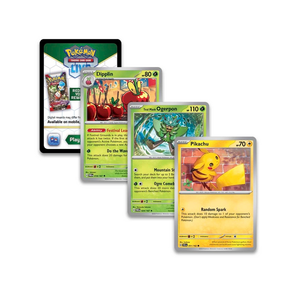 Cartas coleccionables de Pokémon: Pikachu, Ogerpon y Dipplin junto a una tarjeta de código para Pokémon TCG Live.