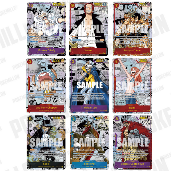 Nueve cartas coleccionables de One Piece PRB01 con ilustraciones a color, bordes detallados y texto de juego en inglés.