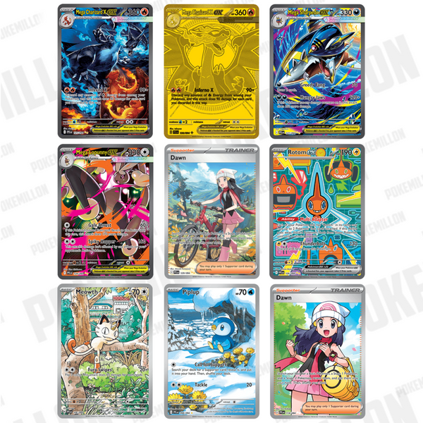 Colección de nueve cartas Pokémon brillantes y coloridas de la expansión Phantasmal Flames con Megaevoluciones y entrenadores.