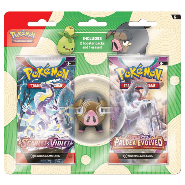 Blíster Pokémon con dos sobres de cartas JCC y una goma de borrar con forma del personaje Lechonk sobre fondo verde.