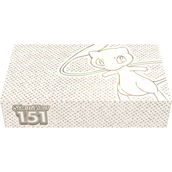 Caja Ultra Premium Pokémon 151 con diseño holográfico blanco, ilustración de Mew y logo de Scarlet & Violet.