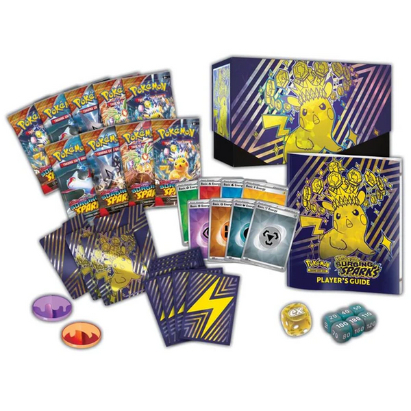 Caja Élite de Entrenador Pokémon Chispas Fulgurantes con sobres, fundas, dados, guía y caja decorada con Pikachu en azul y oro.