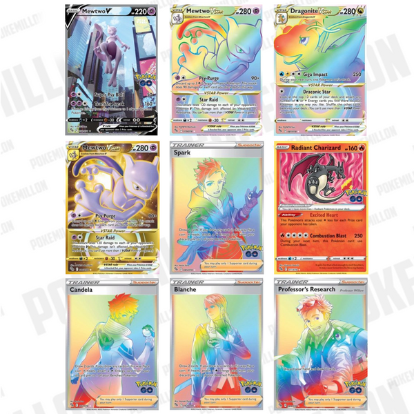 Colección de cartas Pokémon TCG GO con líderes de equipo, Mewtwo V, Dragonite VSTAR y Radiant Charizard en diseño foil.
