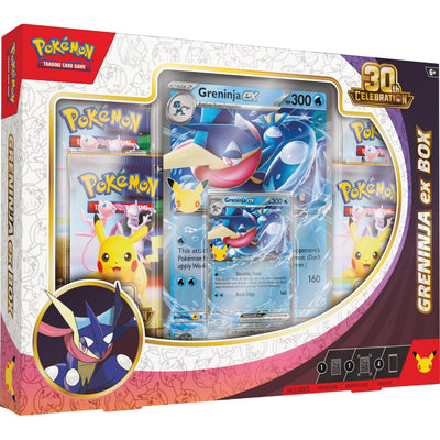 Caja de colección Greninja ex de Pokémon 30 Aniversario con carta promocional, carta gigante y cuatro sobres de expansión.