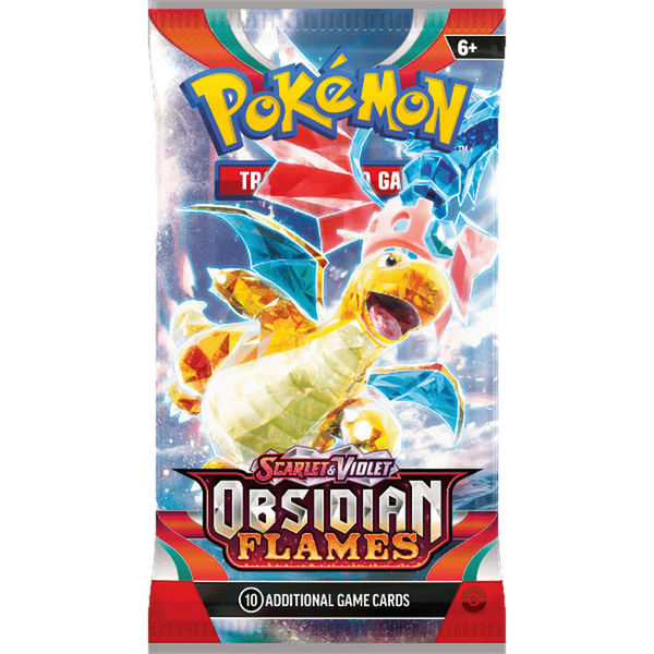 Sobre de cartas Pokémon Escarlata y Púrpura Llamas Obsidianas con ilustración de Dragonite Tera tipo cristal.
