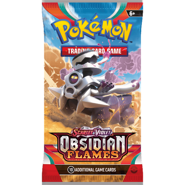Sobre de cartas Pokémon Escarlata y Púrpura Llamas Obsidianas con ilustración de Revavroom ex sobre fondo naranja y azul.