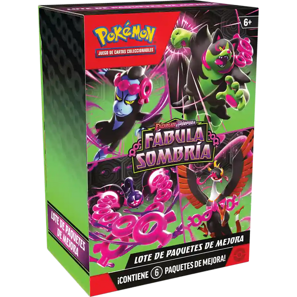 Caja de cartón verde y negra del Booster Bundle Fábula Sombría con ilustraciones de Pokémon y 6 sobres de JCC Pokémon.