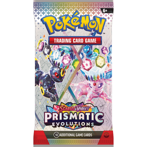 Sobre de cartas Pokémon Scarlet & Violet Evoluciones Prismáticas con diseño brillante de Umbreon y Espeon.