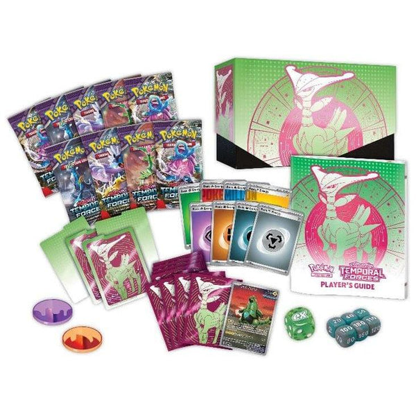 Caja de colección Pokémon Temporal Forces con sobres, carta promo Iron Leaves ex, fundas, dados y guía de jugador.