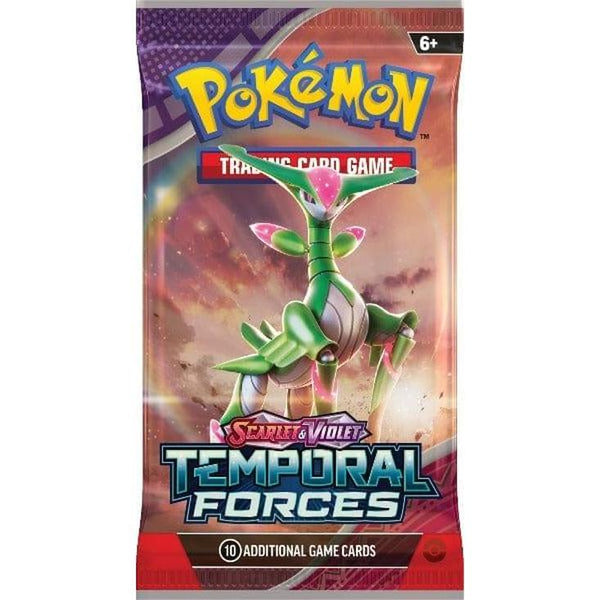 Sobre de cartas Pokémon Temporal Forces con Iron Leaves ex en tonos verdes y rosas sobre fondo dinámico.