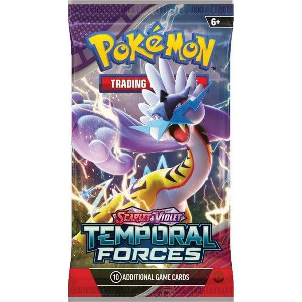 Sobre de cartas Pokémon Temporal Forces con Iron Leaves ex en un diseño colorido y eléctrico sobre fondo morado.