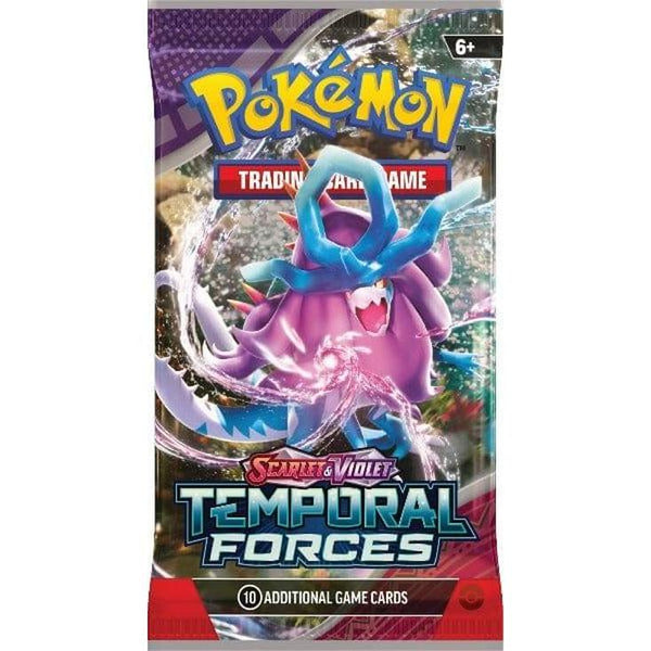 Sobre de cartas Pokémon Escarlata y Púrpura Fuerzas Temporales con el Pokémon Ondulagua en tonos morados y azules.