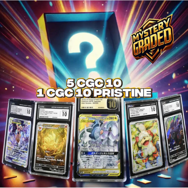 Caja misteriosa con cinco cartas Pokémon gradadas por CGC, incluyendo una nota perfecta Pristine 10 en estuches negros.