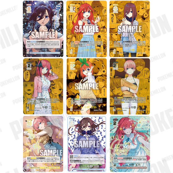 Colección de cartas coleccionables de The Quintessential Quintuplets con ilustraciones coloridas de las hermanas Nakano.