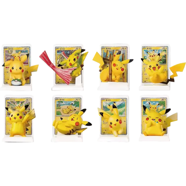 Ocho figuras coleccionables de Pikachu con sus cartas holográficas a juego en bases blancas de la edición 30 aniversario Pokémon.