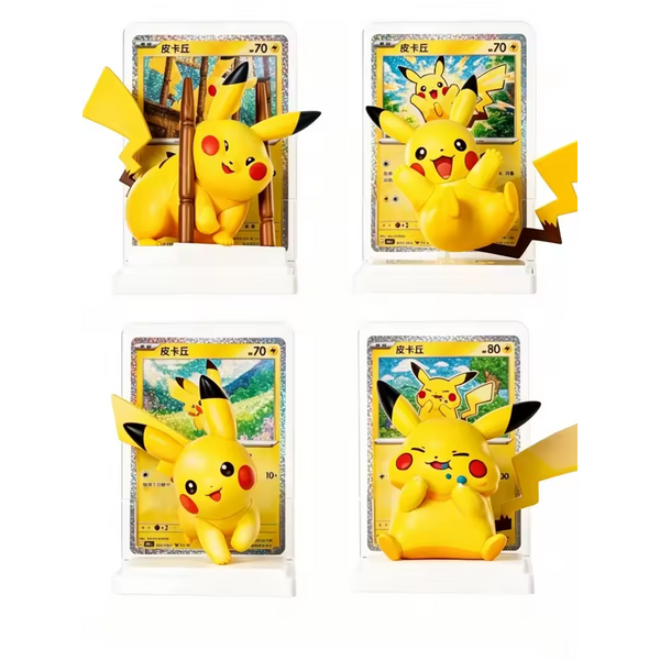 Cuatro figuras coleccionables de Pikachu en amarillo brillante con cartas holográficas a juego del 30.º aniversario Pokémon.