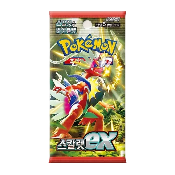 Sobre de cartas Pokémon Scarlet ex con el legendario Koraidon en un diseño brillante de color rojo y verde.