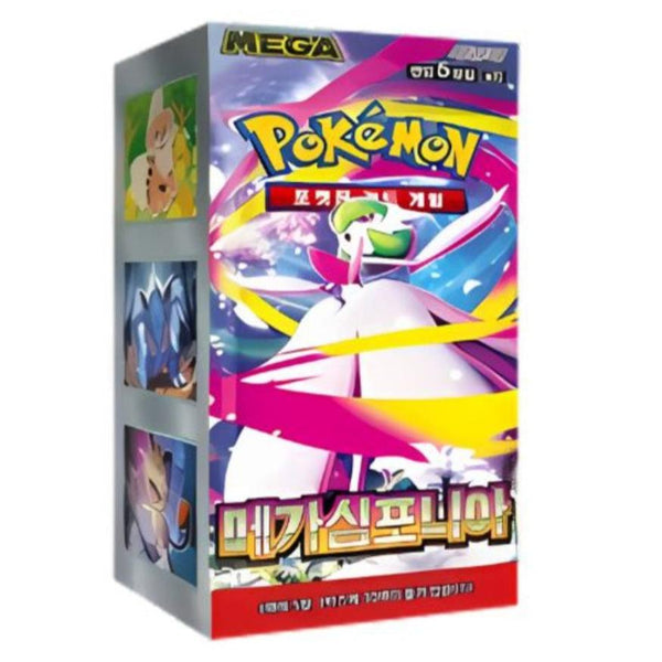 Caja de 30 sobres Mega Symphonia con diseño colorido de Pokémon y detalles en rosa, blanco y dorado.