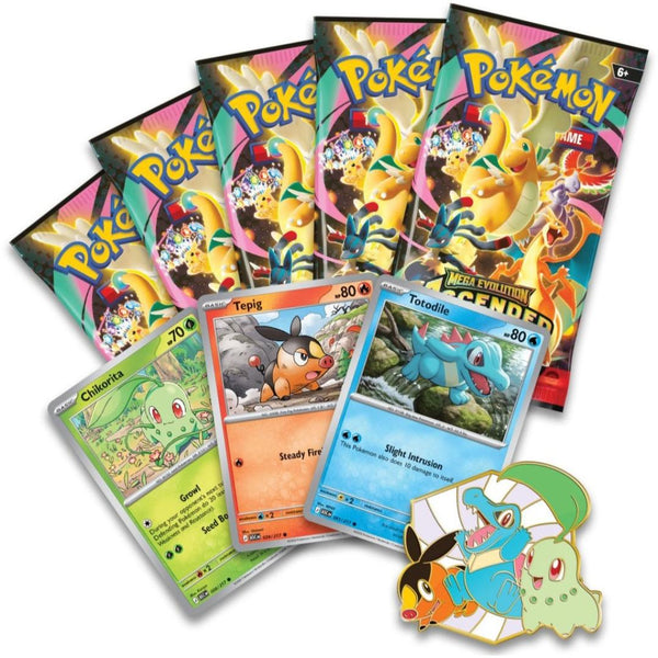 Colección Pokémon Heroes Ascendentes con sobres, cartas holográficas de Chikorita, Tepig y Totodile y un pin metálico de los starters.